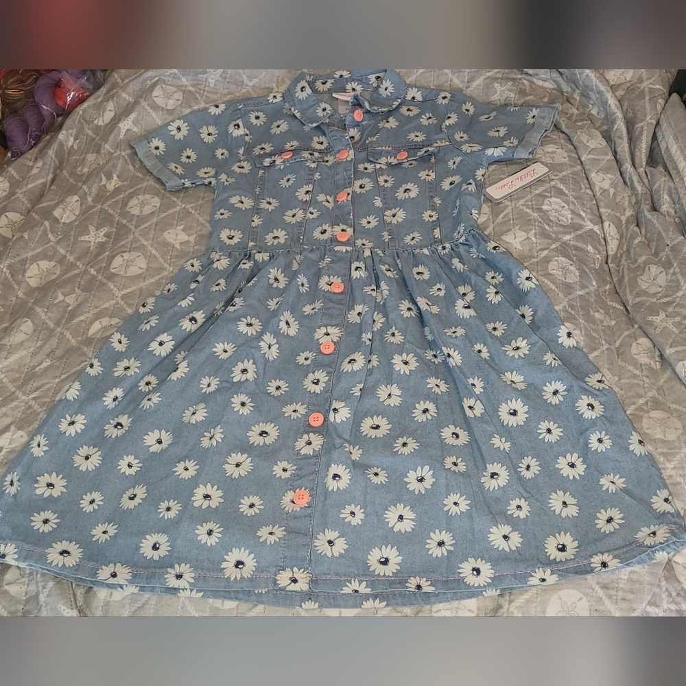 BNWT Girls Size 10 Little Lass Denim Summer Floral Short Sleeve Dress